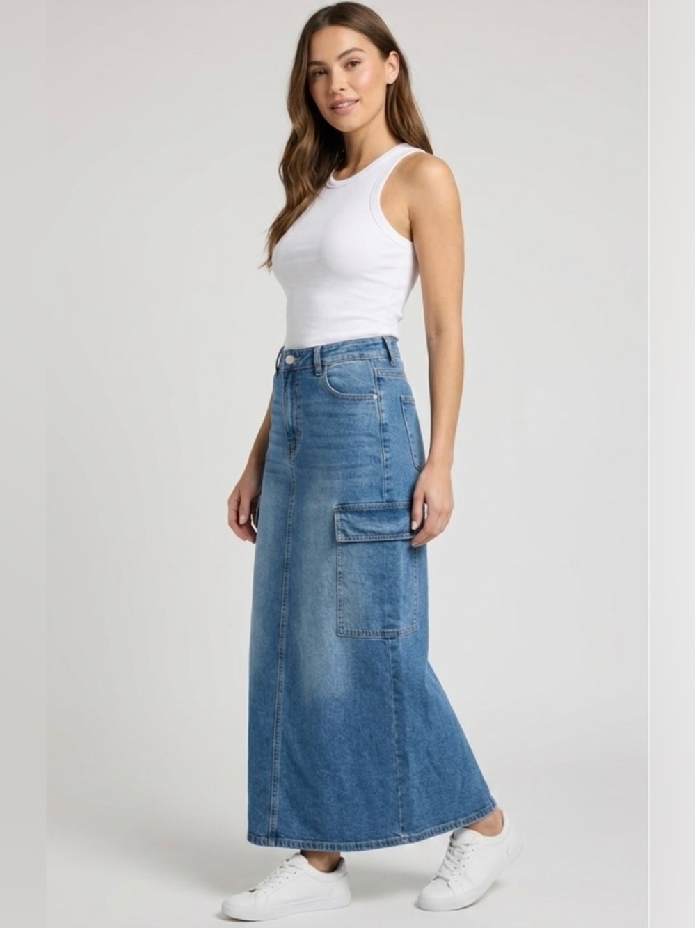 Madden Girl Medium Blue Denim Cargo Maxi Skirt Back Slit Y2K Streetwear